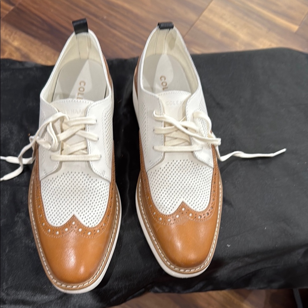 Cole Haan Tan and White Oxford Derbys with Wingtip Design